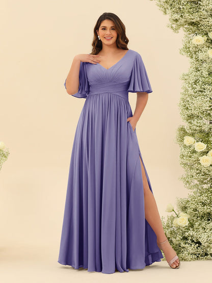Robe de Demoiselle d'Honneur En Mousseline de Soie Grande Taille à Col En V et Manches Mi-Longues avec Fente Sur Le Côté