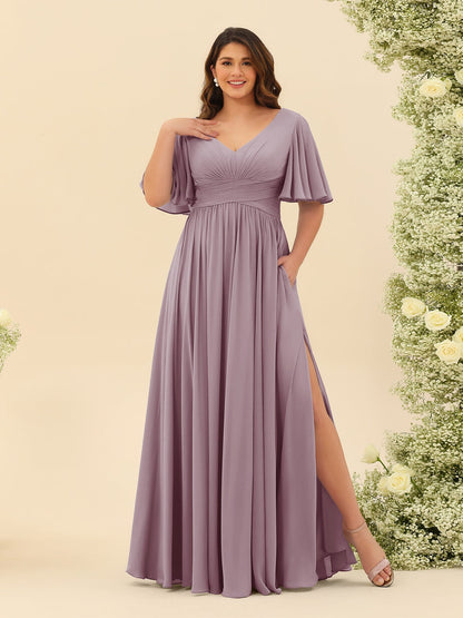 Robe de Demoiselle d'Honneur En Mousseline de Soie Grande Taille à Col En V et Manches Mi-Longues avec Fente Sur Le Côté