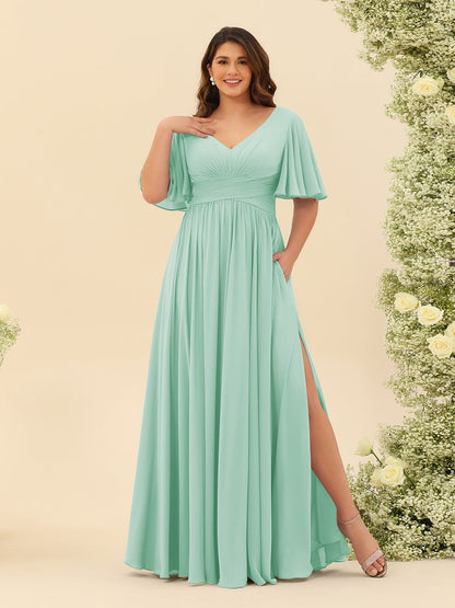 Robe de Demoiselle d'Honneur En Mousseline de Soie Grande Taille à Col En V et Manches Mi-Longues avec Fente Sur Le Côté