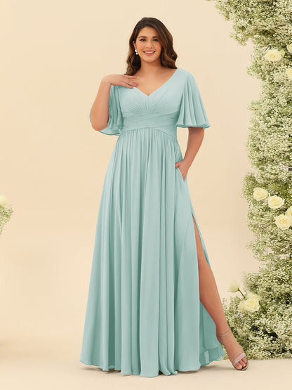 Robe de Demoiselle d'Honneur En Mousseline de Soie Grande Taille à Col En V et Manches Mi-Longues avec Fente Sur Le Côté