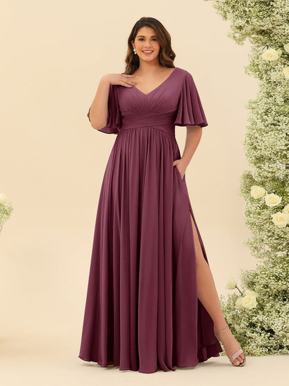 Robe de Demoiselle d'Honneur En Mousseline de Soie Grande Taille à Col En V et Manches Mi-Longues avec Fente Sur Le Côté