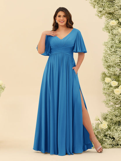 Robe de Demoiselle d'Honneur En Mousseline de Soie Grande Taille à Col En V et Manches Mi-Longues avec Fente Sur Le Côté
