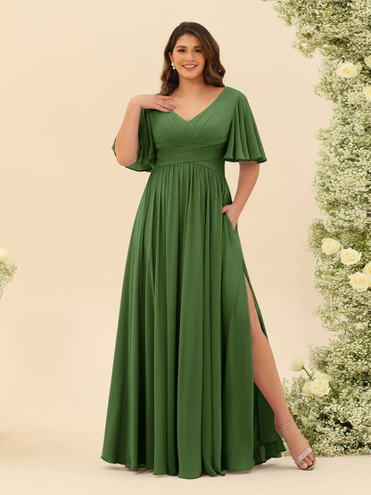 Robe de Demoiselle d'Honneur En Mousseline de Soie Grande Taille à Col En V et Manches Mi-Longues avec Fente Sur Le Côté