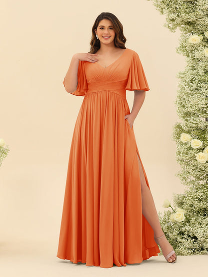 Robe de Demoiselle d'Honneur En Mousseline de Soie Grande Taille à Col En V et Manches Mi-Longues avec Fente Sur Le Côté