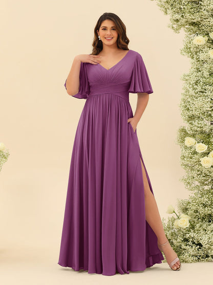 Robe de Demoiselle d'Honneur En Mousseline de Soie Grande Taille à Col En V et Manches Mi-Longues avec Fente Sur Le Côté