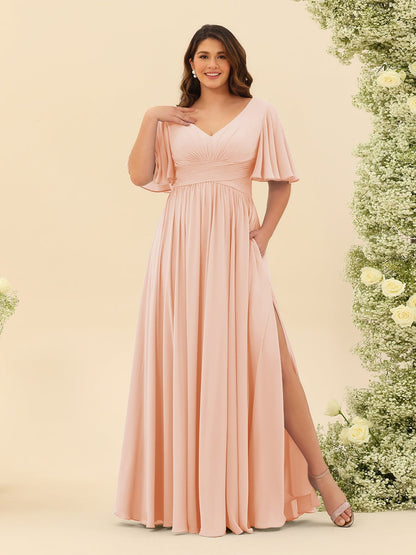Robe de Demoiselle d'Honneur En Mousseline de Soie Grande Taille à Col En V et Manches Mi-Longues avec Fente Sur Le Côté