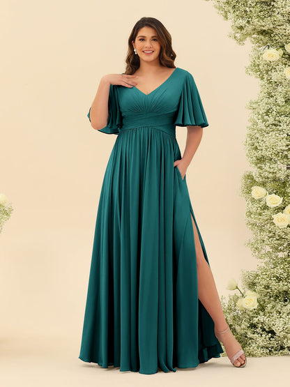 Robe de Demoiselle d'Honneur En Mousseline de Soie Grande Taille à Col En V et Manches Mi-Longues avec Fente Sur Le Côté