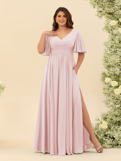 Robe de Demoiselle d'Honneur En Mousseline de Soie Grande Taille à Col En V et Manches Mi-Longues avec Fente Sur Le Côté