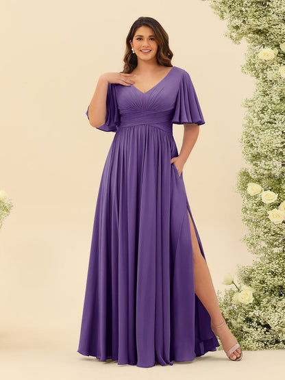 Robe de Demoiselle d'Honneur En Mousseline de Soie Grande Taille à Col En V et Manches Mi-Longues avec Fente Sur Le Côté