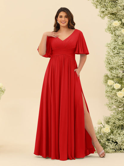 Robe de Demoiselle d'Honneur En Mousseline de Soie Grande Taille à Col En V et Manches Mi-Longues avec Fente Sur Le Côté