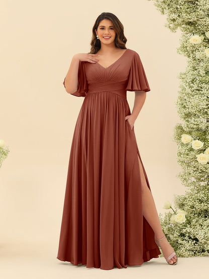 Robe de Demoiselle d'Honneur En Mousseline de Soie Grande Taille à Col En V et Manches Mi-Longues avec Fente Sur Le Côté