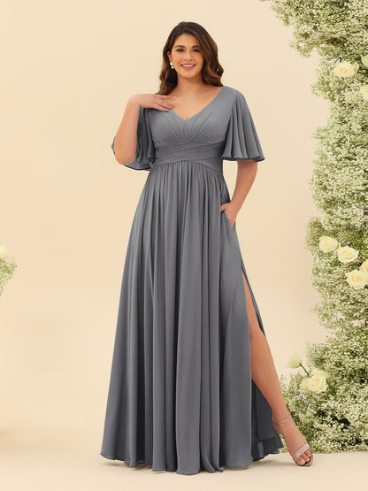 Robe de Demoiselle d'Honneur En Mousseline de Soie Grande Taille à Col En V et Manches Mi-Longues avec Fente Sur Le Côté