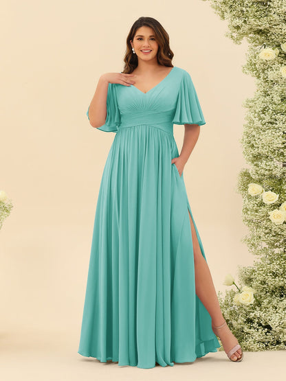 Robe de Demoiselle d'Honneur En Mousseline de Soie Grande Taille à Col En V et Manches Mi-Longues avec Fente Sur Le Côté
