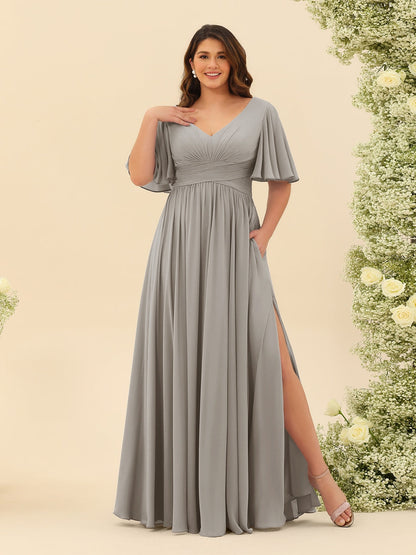 Robe de Demoiselle d'Honneur En Mousseline de Soie Grande Taille à Col En V et Manches Mi-Longues avec Fente Sur Le Côté
