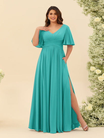 Robe de Demoiselle d'Honneur En Mousseline de Soie Grande Taille à Col En V et Manches Mi-Longues avec Fente Sur Le Côté