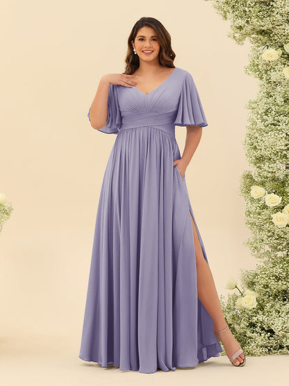 Robe de Demoiselle d'Honneur En Mousseline de Soie Grande Taille à Col En V et Manches Mi-Longues avec Fente Sur Le Côté