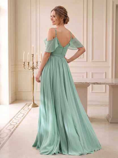 Robes de mariée trapèze/princesse, bretelles fines, poches, col V, en mousseline, poches