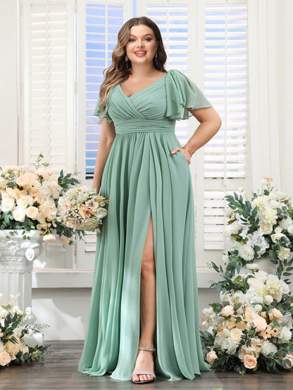Robe de Demoiselled'Honneur Grande Taille en Mousseline, Coupe Trapèze, Col en V, Manches Courtes, Fendue Sur le Côté avec Poches
