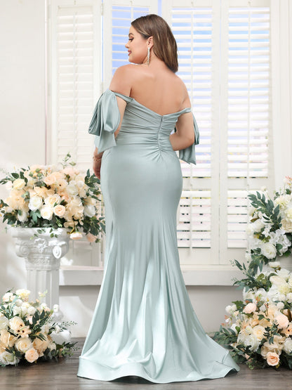 Robe de Demoiselled'Honneur Sirène Sans Manches, Épaules Dénudées, Fendue Sur le Côté, en Satin de Soie, Grande Taille