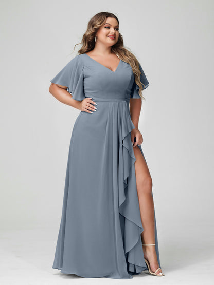 Forme Princesse Col en V Demi manches Mousseline de soie Volants Grande taille Robes de demoiselle d'honneur avec Côté fendu