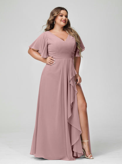 Forme Princesse Col en V Demi manches Mousseline de soie Volants Grande taille Robes de demoiselle d'honneur avec Côté fendu