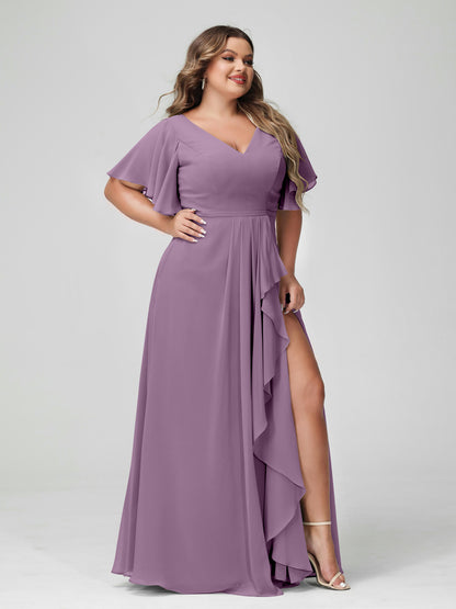 Forme Princesse Col en V Demi manches Mousseline de soie Volants Grande taille Robes de demoiselle d'honneur avec Côté fendu
