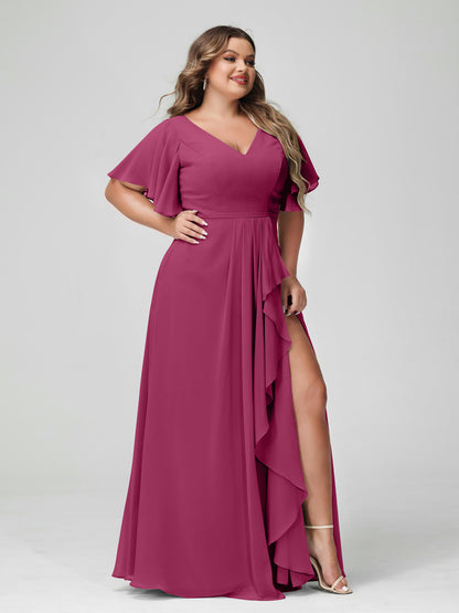 Forme Princesse Col en V Demi manches Mousseline de soie Volants Grande taille Robes de demoiselle d'honneur avec Côté fendu
