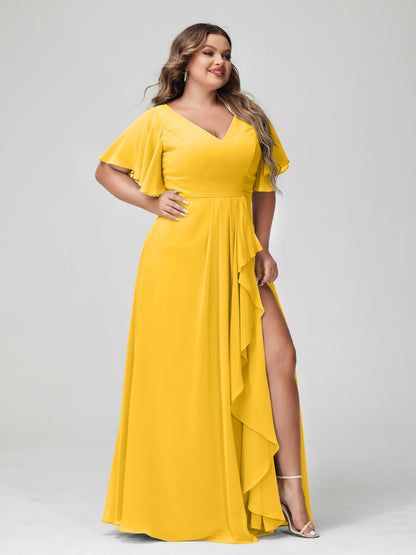 Forme Princesse Col en V Demi manches Mousseline de soie Volants Grande taille Robes de demoiselle d'honneur avec Côté fendu