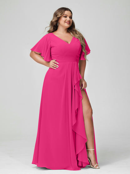 Forme Princesse Col en V Demi manches Mousseline de soie Volants Grande taille Robes de demoiselle d'honneur avec Côté fendu
