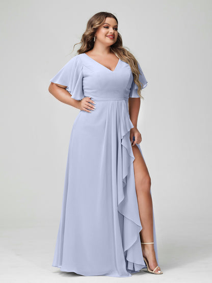 Forme Princesse Col en V Demi manches Mousseline de soie Volants Grande taille Robes de demoiselle d'honneur avec Côté fendu