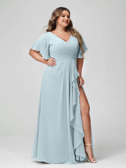 Forme Princesse Col en V Demi manches Mousseline de soie Volants Grande taille Robes de demoiselle d'honneur avec Côté fendu