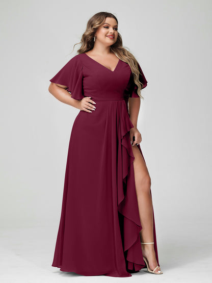 Forme Princesse Col en V Demi manches Mousseline de soie Volants Grande taille Robes de demoiselle d'honneur avec Côté fendu