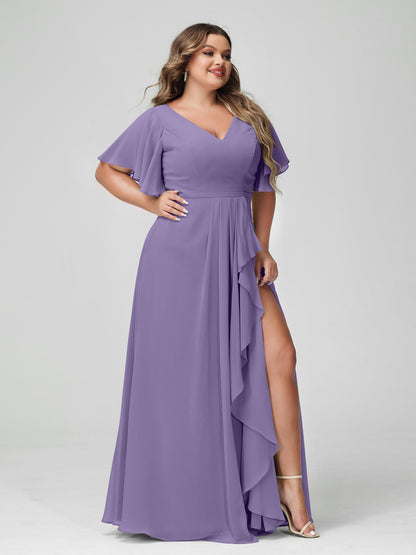 Forme Princesse Col en V Demi manches Mousseline de soie Volants Grande taille Robes de demoiselle d'honneur avec Côté fendu
