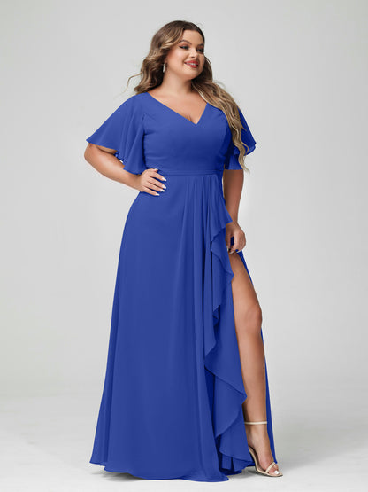 Forme Princesse Col en V Demi manches Mousseline de soie Volants Grande taille Robes de demoiselle d'honneur avec Côté fendu