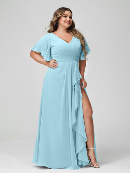 Forme Princesse Col en V Demi manches Mousseline de soie Volants Grande taille Robes de demoiselle d'honneur avec Côté fendu