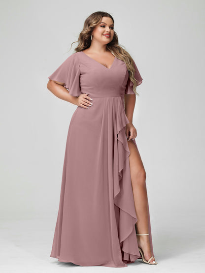 Forme Princesse Col en V Demi manches Mousseline de soie Volants Grande taille Robes de demoiselle d'honneur avec Côté fendu