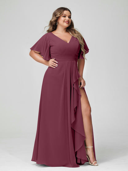 Forme Princesse Col en V Demi manches Mousseline de soie Volants Grande taille Robes de demoiselle d'honneur avec Côté fendu