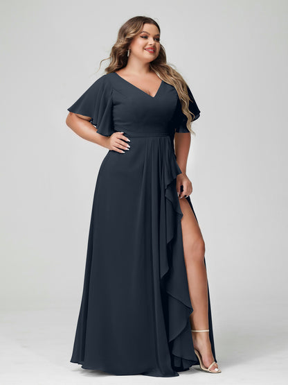 Forme Princesse Col en V Demi manches Mousseline de soie Volants Grande taille Robes de demoiselle d'honneur avec Côté fendu