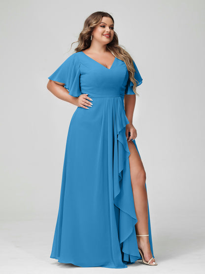 Forme Princesse Col en V Demi manches Mousseline de soie Volants Grande taille Robes de demoiselle d'honneur avec Côté fendu