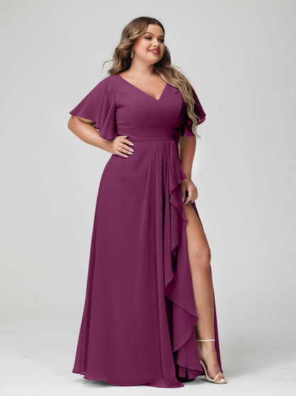 Forme Princesse Col en V Demi manches Mousseline de soie Volants Grande taille Robes de demoiselle d'honneur avec Côté fendu