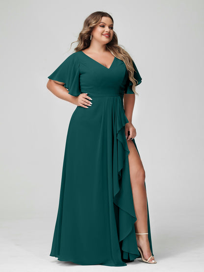 Forme Princesse Col en V Demi manches Mousseline de soie Volants Grande taille Robes de demoiselle d'honneur avec Côté fendu