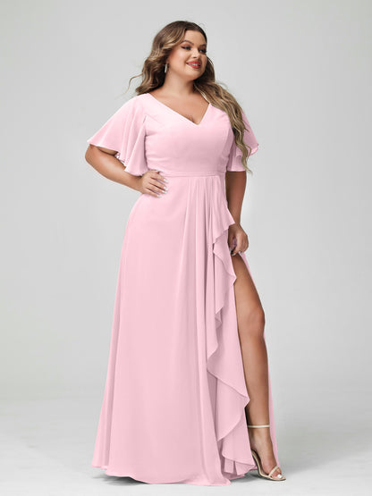 Forme Princesse Col en V Demi manches Mousseline de soie Volants Grande taille Robes de demoiselle d'honneur avec Côté fendu