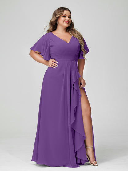 Forme Princesse Col en V Demi manches Mousseline de soie Volants Grande taille Robes de demoiselle d'honneur avec Côté fendu