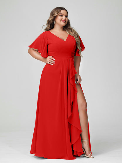 Forme Princesse Col en V Demi manches Mousseline de soie Volants Grande taille Robes de demoiselle d'honneur avec Côté fendu