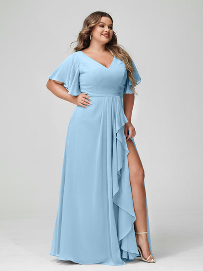 Forme Princesse Col en V Demi manches Mousseline de soie Volants Grande taille Robes de demoiselle d'honneur avec Côté fendu