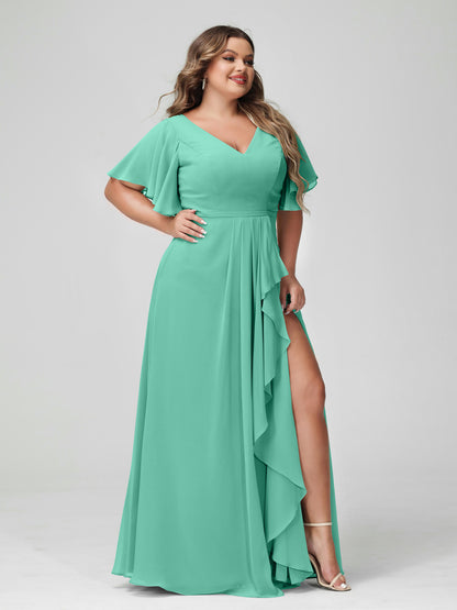 Forme Princesse Col en V Demi manches Mousseline de soie Volants Grande taille Robes de demoiselle d'honneur avec Côté fendu