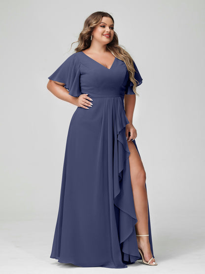 Forme Princesse Col en V Demi manches Mousseline de soie Volants Grande taille Robes de demoiselle d'honneur avec Côté fendu