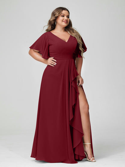 Forme Princesse Col en V Demi manches Mousseline de soie Volants Grande taille Robes de demoiselle d'honneur avec Côté fendu