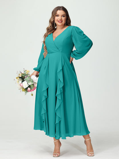 Forme Princesse Col V Manches Longues Mousseline de soie Longueur Thé Volants Grande taille Robes de demoiselle d'honneur avec Poches