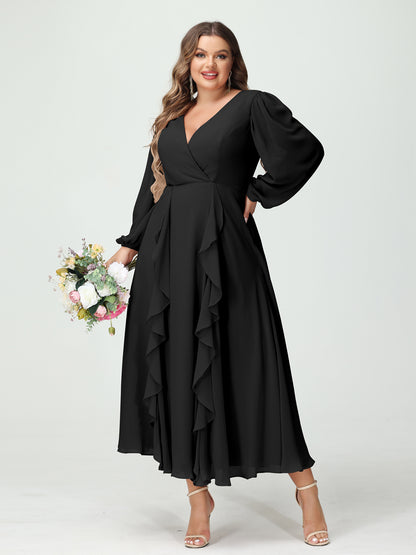 Forme Princesse Col V Manches Longues Mousseline de soie Longueur Thé Volants Grande taille Robes de demoiselle d'honneur avec Poches